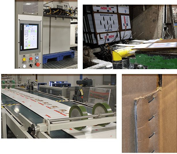 image collage of labeler, litho-laminator, wax cascader and stitched joint