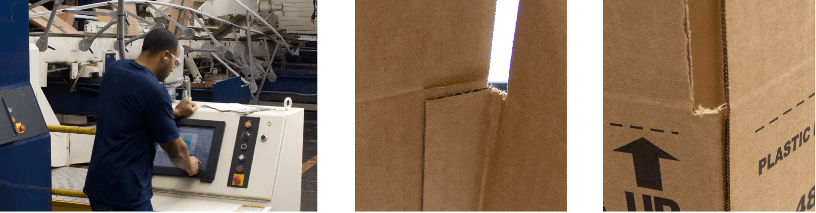 Image showing a man at the flexo folder-gluer control panel, and image of a glued manufacturer's joint.