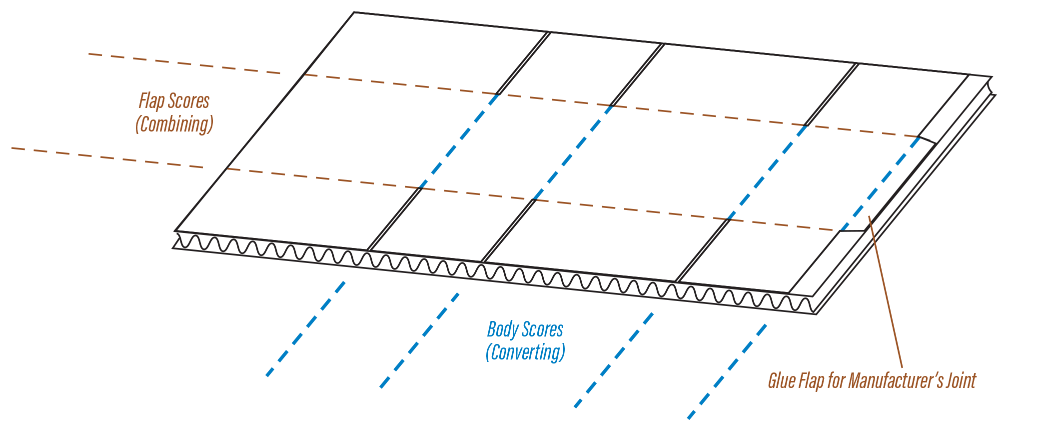 schematic showing body scores, flap scores and glue flaps