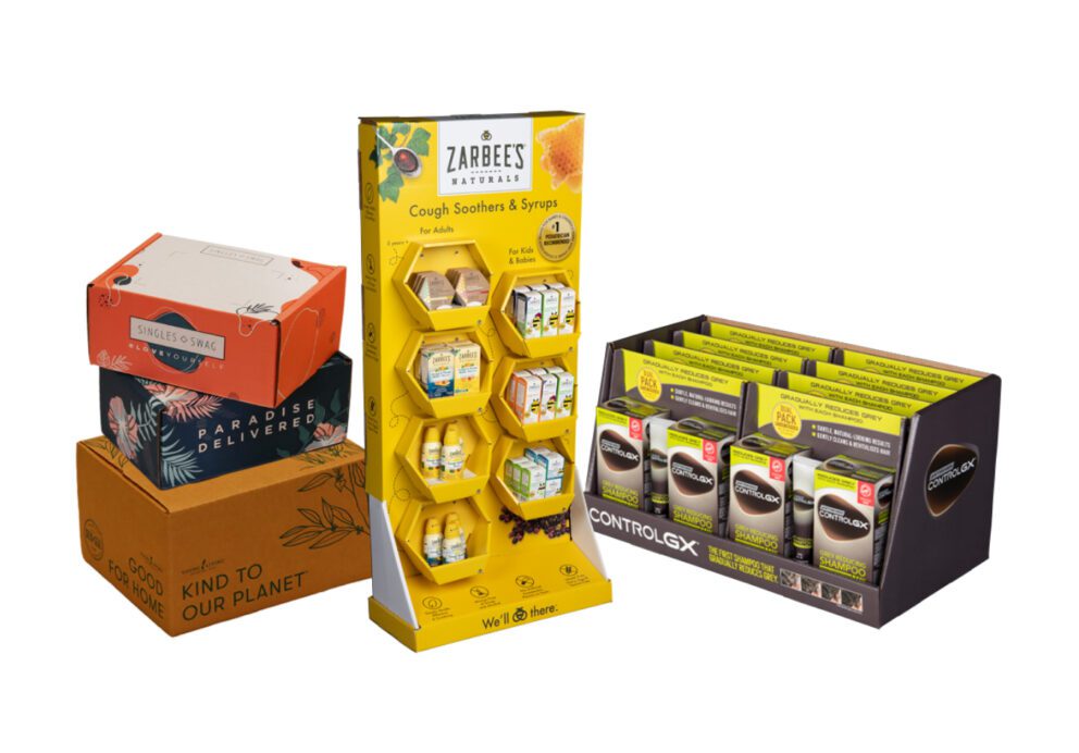 Group photo of health, beauty, personal care boxes and displays