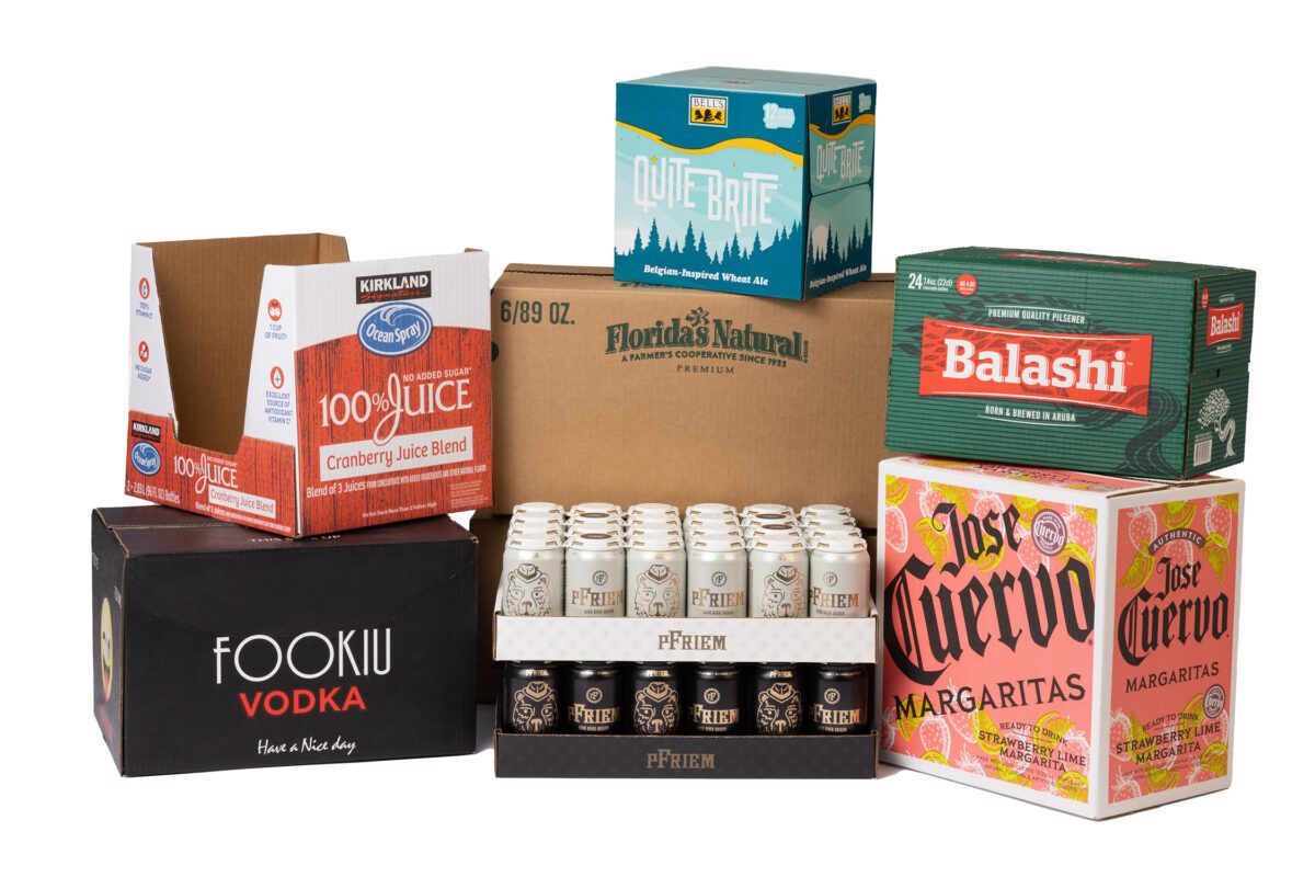 Assortment of master shipper cartons and beverage trays.