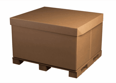 Fully setup Grid-Lok container. A doublewall bulk bin attached to a corrugated pallet