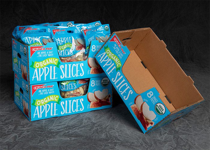 Three retail-ready boxes containing organic apple slice snack packs.